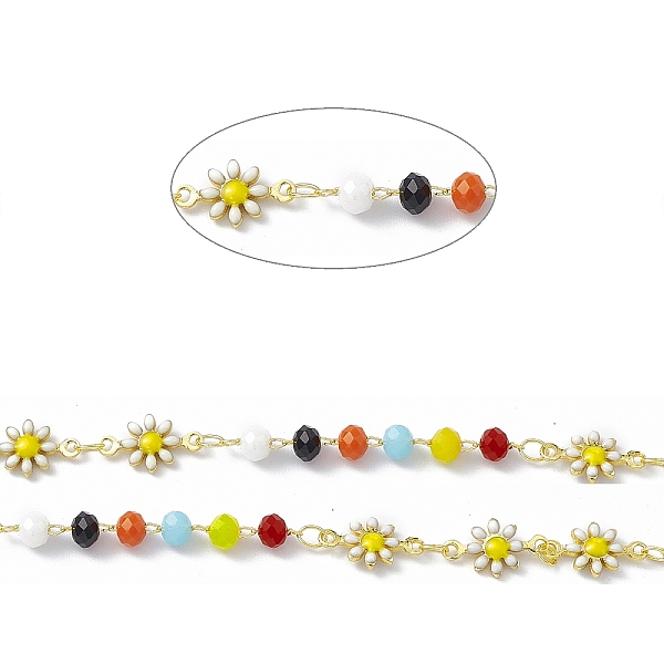 

PandaHall Handmade Brass Enamel Daisy Flower Link Chains, with Colorful Glass Beaded, Soldered, with Spool, Real 18K Gold Plated, Flower...