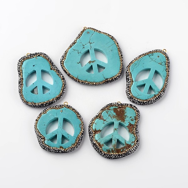 

PandaHall Nuggets with Peace Sign Natural Howlite Pendants, with Polymer Clay Rhinestone and Golden Tone Brass Findings, 48~60x40~58x5~6mm..., Multicolor