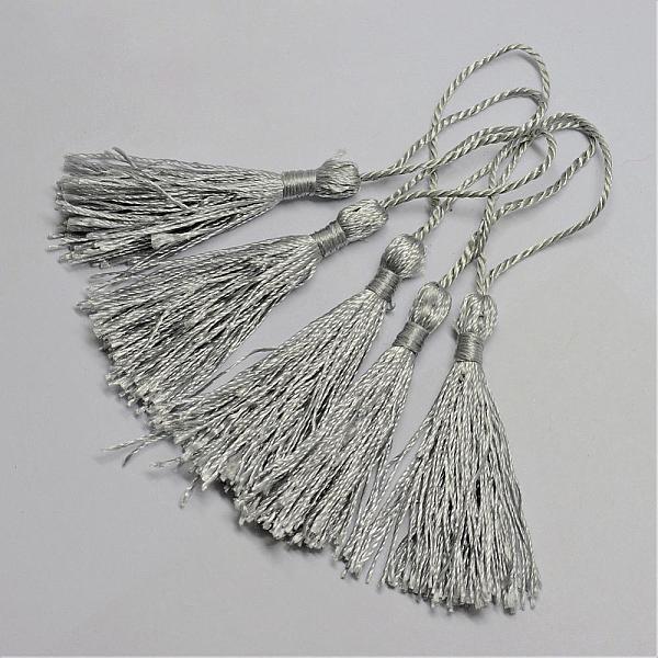

PandaHall Polyester Tassel Decorations, Pendant Decorations, Silver, 130x6mm, Tassel: 70~90mm Polyester Silver