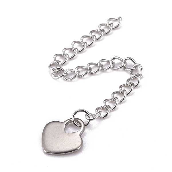 PandaHall 304 Stainless Steel Chain Extender, Curb Chain, with 202 Stainless Steel Charms, Heart, Stainless Steel Color, 59~65mm, Link...