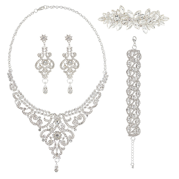 

PandaHall GOMAKERER Crystal Rhinestone Wedding Jewelry Set, Alloy Flower Bib Necklaces & Dangle Stud Earrings & Chain Bracelet, Silver...
