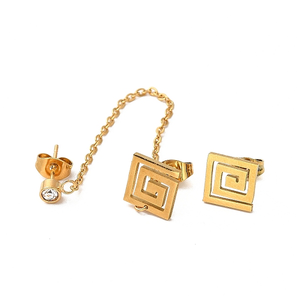 

PandaHall Vacuum Plating 304 Stainless Steel Dangle Chains Stud Earrings, Asymmetrical Earrings for Women, Golden, Square Pattern, 87mm...