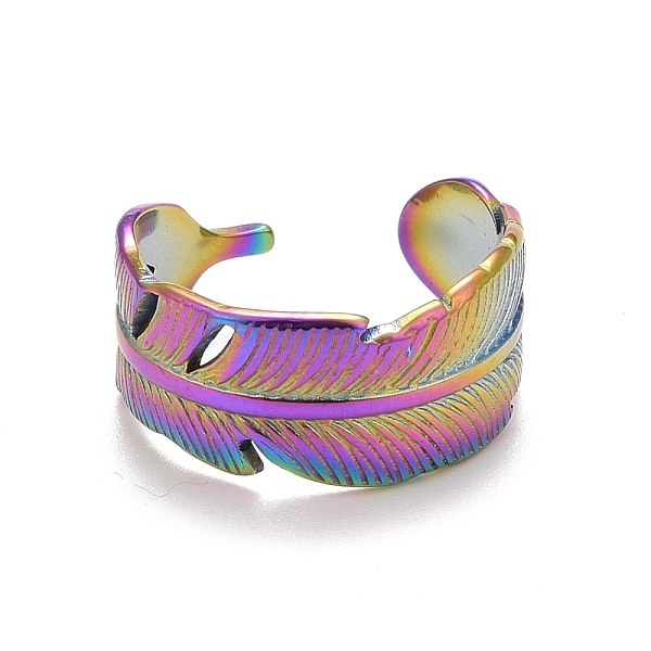 

PandaHall Rainbow Color Ion Plating(IP) 304 Stainless Steel Feather Wrap Open Cuff Ring for Women, US Size 8 1/2(18.5mm) 304 Stainless Steel