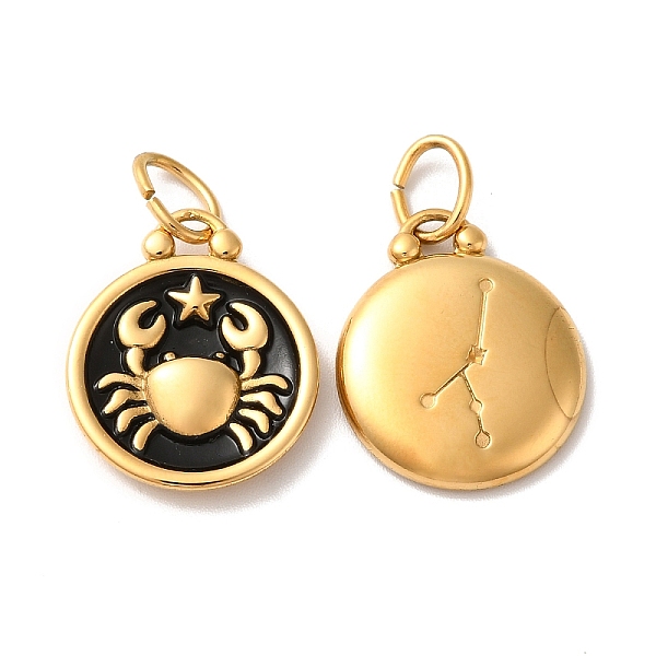 

PandaHall Ion Plating(IP) 304 Stainless Steel Enamel Pendants, with Jump Ring, Flat Round with Constellation, Golden, Cancer..., Black