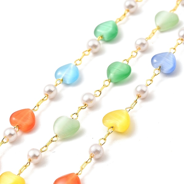 

PandaHall Colorful Cat Eye Heart & Glass Pearl Beaded Chain, with Brass Findings, Unwelded, with Spool, Lead Free & Cadmium Free, Real 18K...