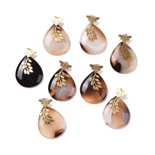 

PandaHall Ntuarl Agate Pendants, with Ion Plating(IP) 304 Stainless Steel Findings, Teardrop with Bees & Leaf, Real 18K Gold Plated...