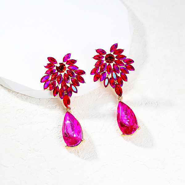 

PandaHall Real 18K Gold Plated Alloy Dangle Stud Earrings, Glass Teardrop Drop Earrings, Magenta, 74x32mm Alloy Teardrop Pink