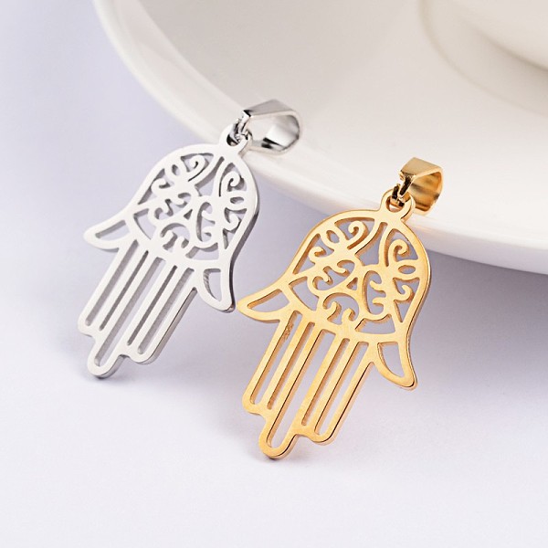 

PandaHall Hamsa Hand/Hand of Fatima/Hand of Miriam 304 Stainless Steel Pendants, Mixed Color, 30.5x21.5x1mm, Hole: 4x6mm 304 Stainless Steel...