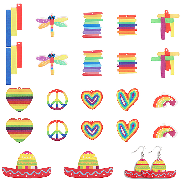 

PandaHall CHGCRAFT 22Pcs 11 Styles Rainbow Color Printed Acrylic Pendants, Heart/Sombrero/Peace Sign/Rectangle/Dragonfly/Rainbow Charm..., Multicolor