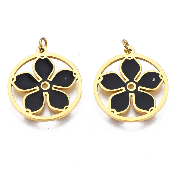 

PandaHall 316 Surgical Stainless Steel Pendants, with Jump Rings and Enamel, Real 18K Gold Plated, Ring with Flower, Black, 15.5x14x1mm...