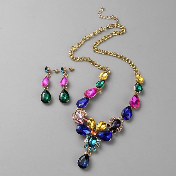 

PandaHall Colorful Rhinestone Teardrop Jewelry Set for Women, Alloy Bib Necklaces & Dangle Stud Earrings, Golden, necklaces: 543mm; earring..., Multicolor