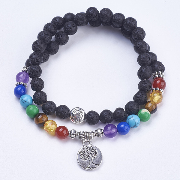 

PandaHall Chakra Jewelry, Natural Lava Rock Wrap Bracelets, with Mixed Stone and Alloy Findings, Flat Round with Tree, Antique Silver...