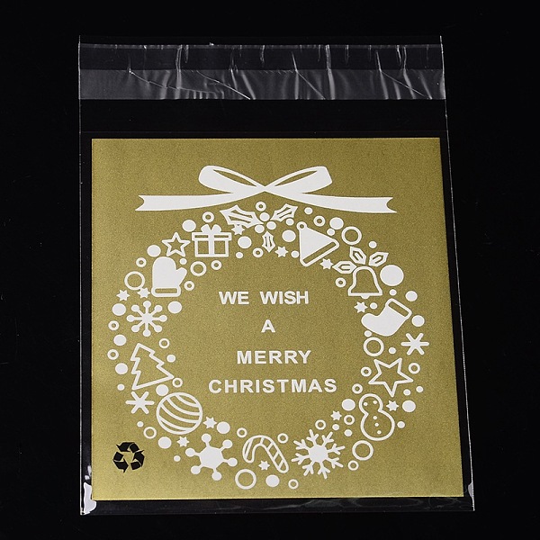 

PandaHall Rectangle OPP Cellophane Bags for Christmas, with Wreath Pattern, Goldenrod, 14x9.9cm, Unilateral Thickness: 0.035mm, Inner..., Gold