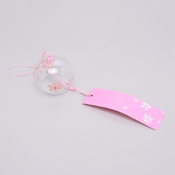 

PandaHall Japanese Round Painting Glass Wind Chimes, with Polyester Cord, Plastic Beads, Rectangle Paper Card, Sakura Pattern, 400mm Glass..., Pink