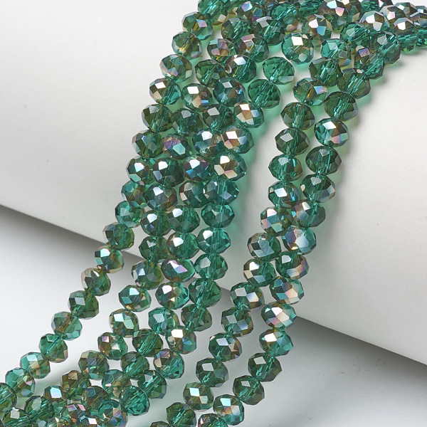 

PandaHall Electroplate Glass Beads Strands, Half Plated, Rainbow Plated, Faceted, Rondelle, Teal, 6x5mm, Hole: 1mm, about 85~88pcs/strand..., Cyan