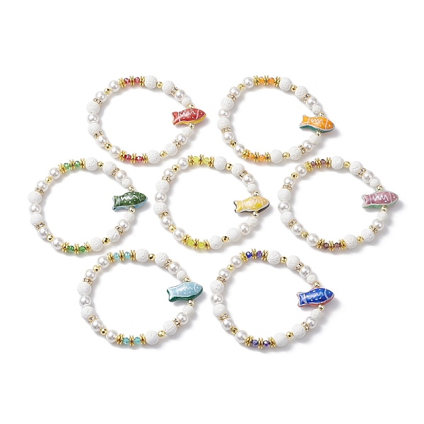 

PandaHall 7Pcs 7 Colors Round Synthetic Lava Rock & Shell Pearl Beaded Stretch Bracelet Sets, Handmade Printed Porcelain Fish Stackable..., Multicolor