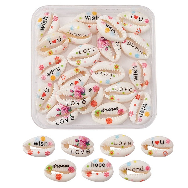 

PandaHall 20Pcs Printed Natural Cowrie Shell Beads, No Hole/Undrilled, with Word & Flower Pattern, Mixed Color, 18~22x13~14x6~8mm Cowrie..., Multicolor