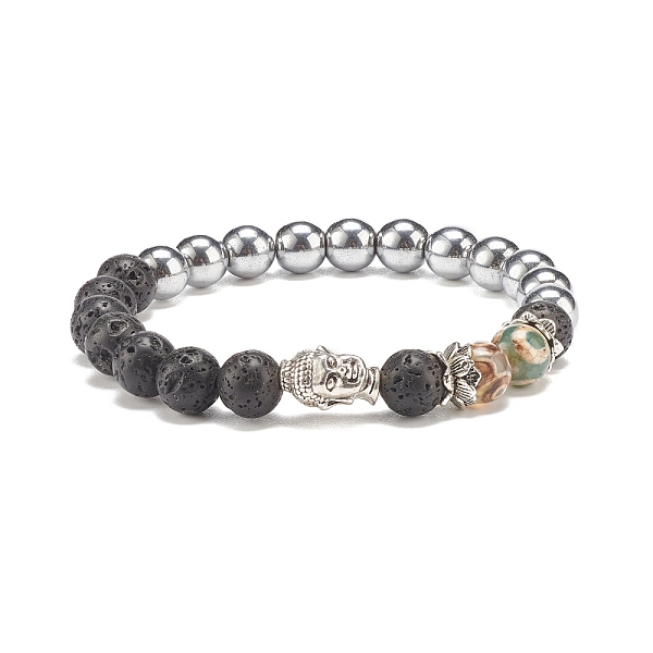 

PandaHall Mala Beads Bracelet, Natural Lava Rock & Tibetan 3-Eye dZi Agate & Synthetic Hematite Beaded Stretch Bracelet with Alloy Buddha...