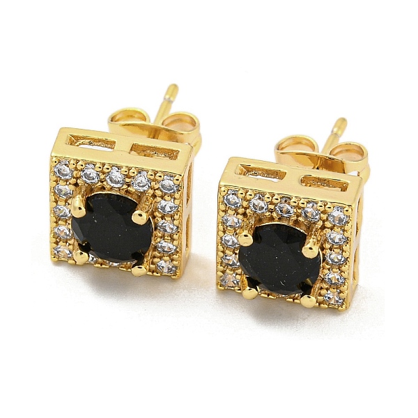 

PandaHall Brass Micro Pave Cubic Zirconia Ear Studs, Square, Real 18K Gold Plated, 9.5x9.5mm Brass Square Black