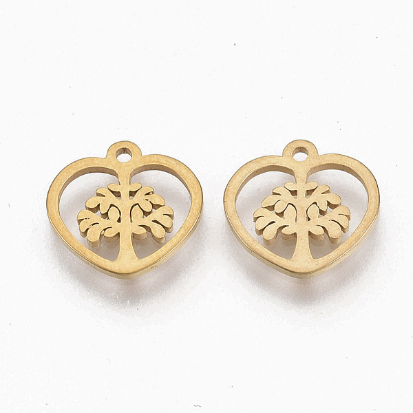 

PandaHall 201 Stainless Steel Charms, Heart with Tree of Life, Golden, 10x10x1mm, Hole: 1mm 201 Stainless Steel Heart