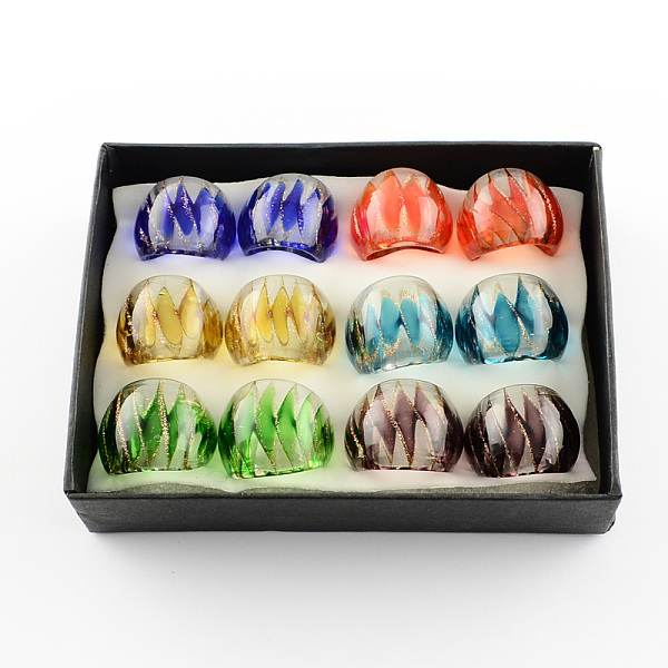 

PandaHall Handmade Gold Sand Lampwork Wide Band Rings, Mixed Color, 17~19mm, about 12pcs/box Gold Sand Lampwork Multicolor
