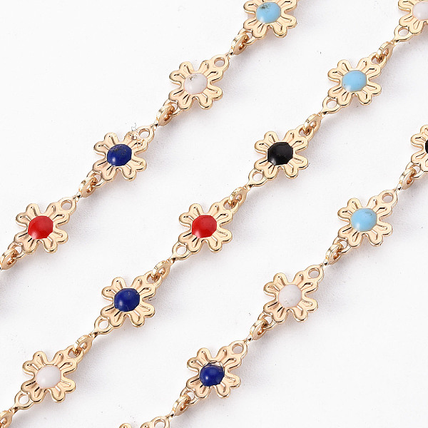 

PandaHall Handmade Brass Link Chains, with Enamel, Soldered, Spool, Flower, Real 18K Gold Plated, Colorful, 12x6x1mm, about 16.4 Feet...