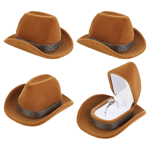 PandaHall CHGCRAFT 4Pcs Cowboy Hat Ring Box Hat Shape Wedding Engagement Ring Display Holder Vevelt Creative Western Cowboy Hat Vintage...