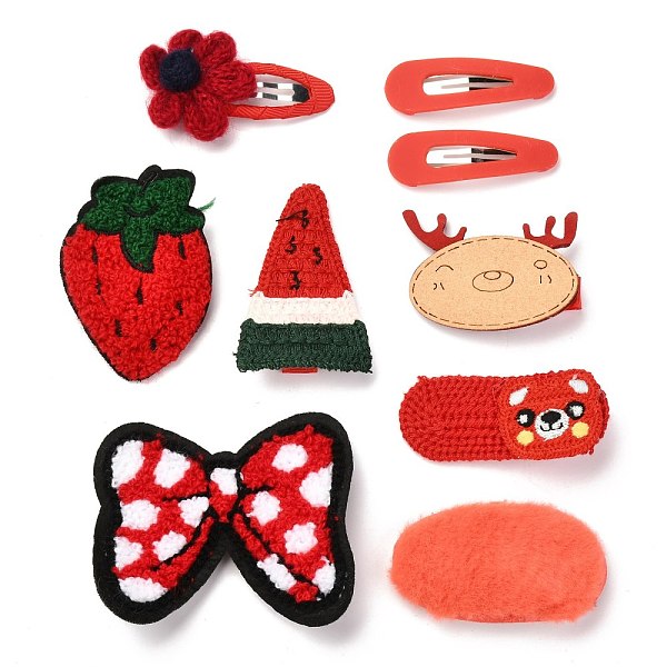 

PandaHall Iron Snap Hair Clips & Alligator Hair Clips Sets for Kids, with Cloth, Flower & Strawberry & Bowknot & Watermelon & Dee & Bear &..., Red