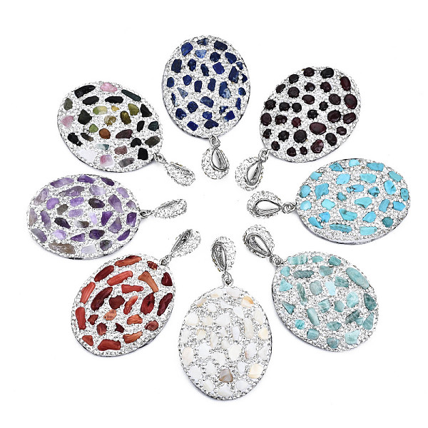 

PandaHall Polymer Clay Rhinestone Pendants, with Gemstone Chip/Natural Shell Chip and PU Leather, Oval, Platinum, PP12(1.8~1.9mm)..., Clear