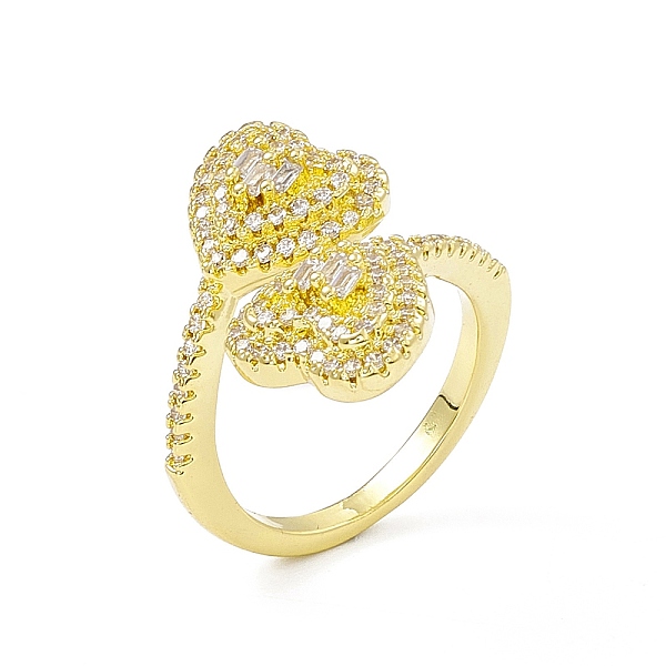 

PandaHall Clear Cubic Zirconia Double Heart Open Cuff Ring, Rack Plating Brass Jewelry for Women, Cadmium Free & Lead Free, Real 18K Gold...