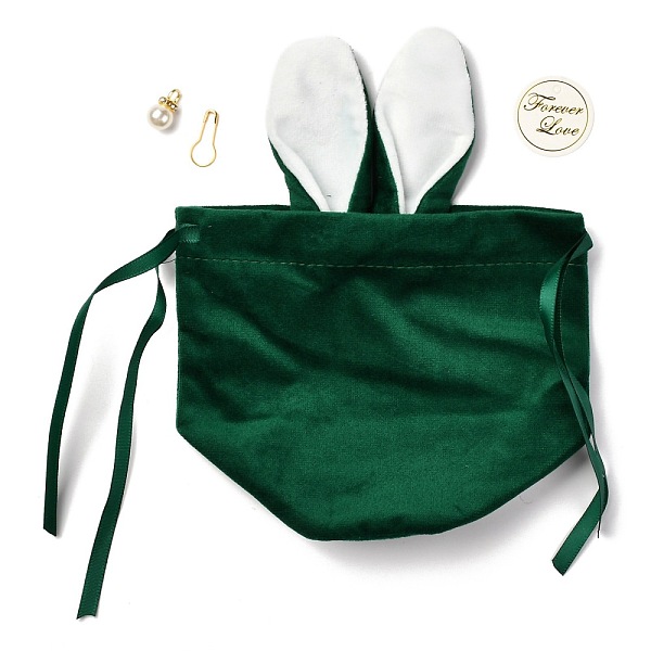 

PandaHall Flannelette Craft Ribbon Drawstring Bag, Rabbit Ear with Acrylic Beads, for Easter Party Candy Wrapping, Dark Green, 19x15cm...