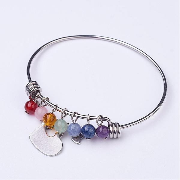 

PandaHall 304 Stainless Steel Heart Charm Bangles, with Natural Gemstone Beads, Stainless Steel Color, 2-1/4 inchx2-3/8 inch(57x62mm) Mixed...