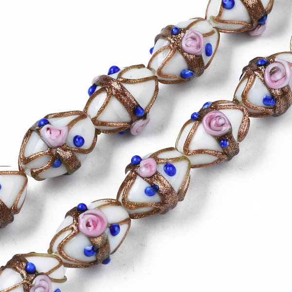 

PandaHall Handmade Gold Sand Lampwork Beads Strands, Ovald with Flower, Creamy White, 16~17x13~15x12~13mm, Hole: 1.4~1.8mm, about...
