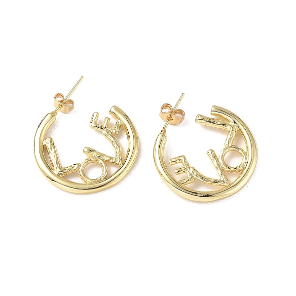 

PandaHall Brass Ring with Word Love Stud Earrings, Half Hoop Earrings for Valentine's Day, Real 18K Gold Plated, 24x25x2.5mm, Pin: 0.8mm...