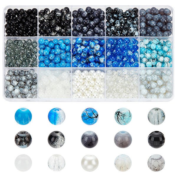 Pandahall Elite DIY Beads Schmuckherstellung Finding Kit, inklusive 900 StÃ¼ck Acryl- und Glasperlen im 15-Stil, Runde, Mischfarbe, 6-6.5 mm, Bohrung: 1-1.6 mm, 60pcs / style