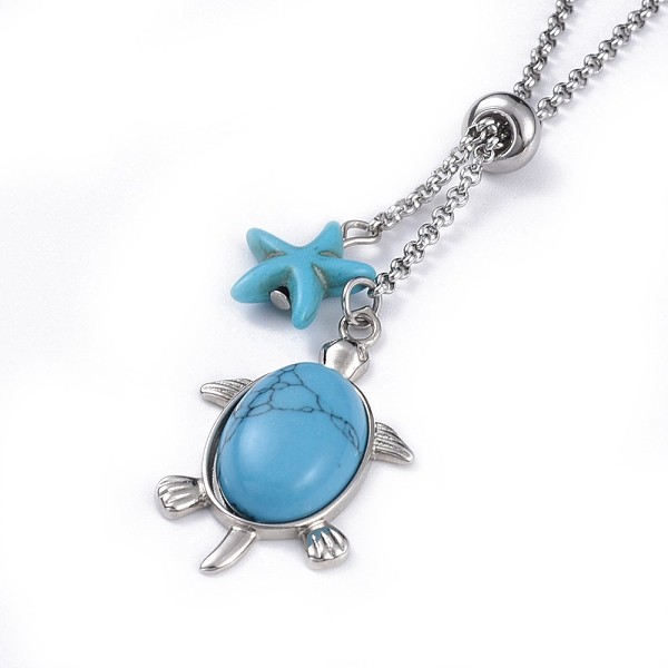 

PandaHall Tortoise Brass Synthetic Turquoise Lariat Necklaces, with 304 Stainless Steel Findings, 20.4 inch(52cm), 2mm Synthetic Turquoise