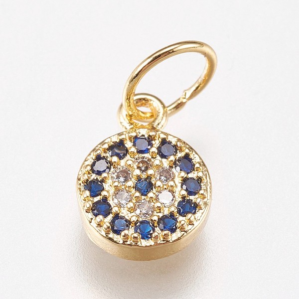 

PandaHall Brass Micro Pave Cubic Zirconia Charms, Flat Round, Blue, Golden, 9x6x2mm, Hole: 4mm Brass+Cubic Zirconia Flat Round Blue