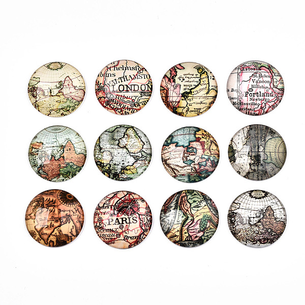 

PandaHall Glass Cabochons, Half Round with Map, Mixed Color, Mixed Patterns, Mixed Color, 30x8mm, 12pcs/set Glass Half Round Multicolor