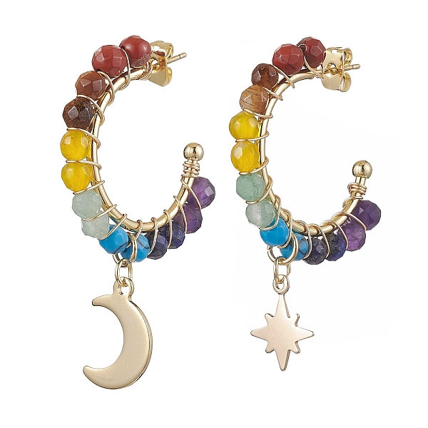 

PandaHall Moon & Star Chakra Faceted Round Gemstone Dangle Half Hoop Earrings, Asymmetrical Stud Earrings, Brass Jewelry for Women, Golden...