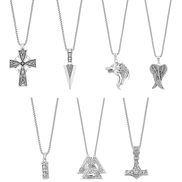 

PandaHall ANATTASOUL 7Pcs 7 Style Arrow & Wolf & Cross & Axe & Wing Stainless Steel Pendant Necklaces Set, Norse Viking Jewelry for Men...
