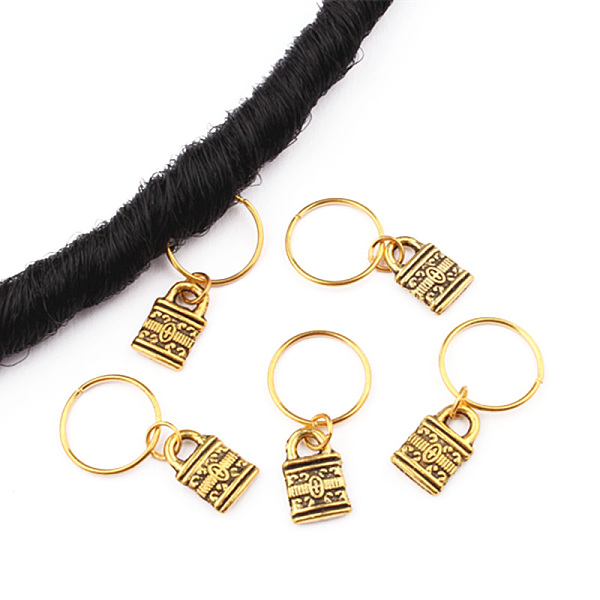 

PandaHall Tibetan Style Alloy Hair Braid Rings Pendants, Hair Clip Headband Accessories, Padlock, Antique Golden, 8x13x2mm Alloy Lock