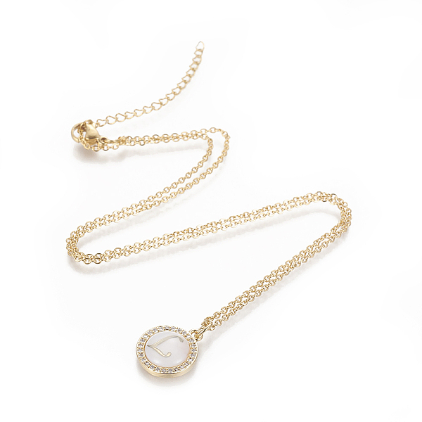 

PandaHall Brass Initial Pendant Necklaces, with Shell, Cubic Zirconia and 304 Stainless Steel Cable Chains, Flat Round with Letter, Letter.L..., Clear