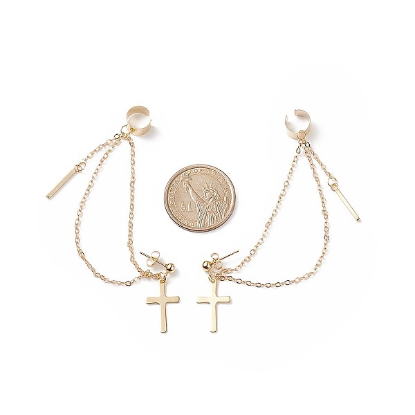 

PandaHall Brass Hanging Chain Dangle Stud Earrings with Ear Cuff, 304 Stainless Steel Cross Drop Earrings for Women, Golden, 80mm, Pin...