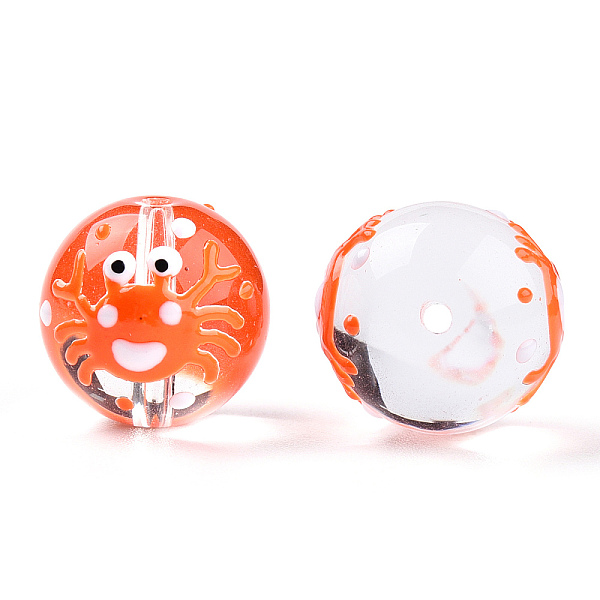 

PandaHall Transparent Handmade Lampwork Beads, Round with Crab Pattern, Coral, 11.5x12x12.5mm, Hole: 1.2~1.6mm Lampwork Round Red