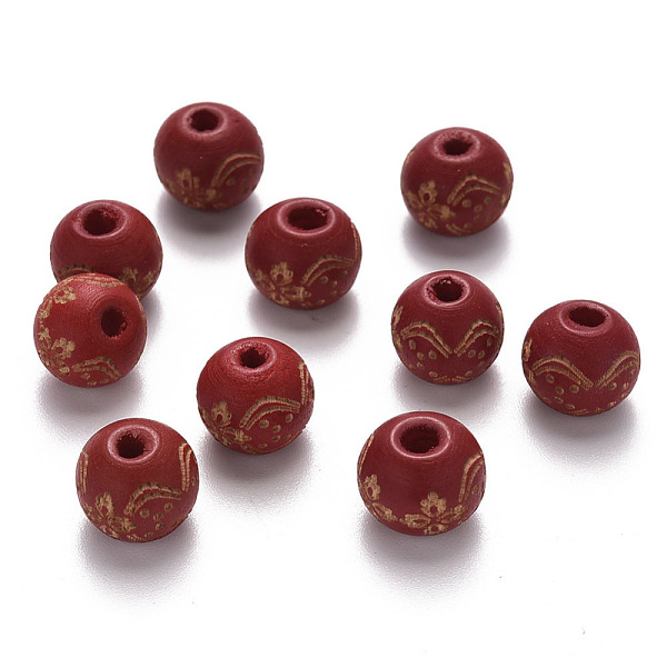 

PandaHall Painted Natural Wood Beads, Laser Engraved Pattern, Round with Flower Pattern, FireBrick, 10x9mm, Hole: 3mm Schima Wood Round Red