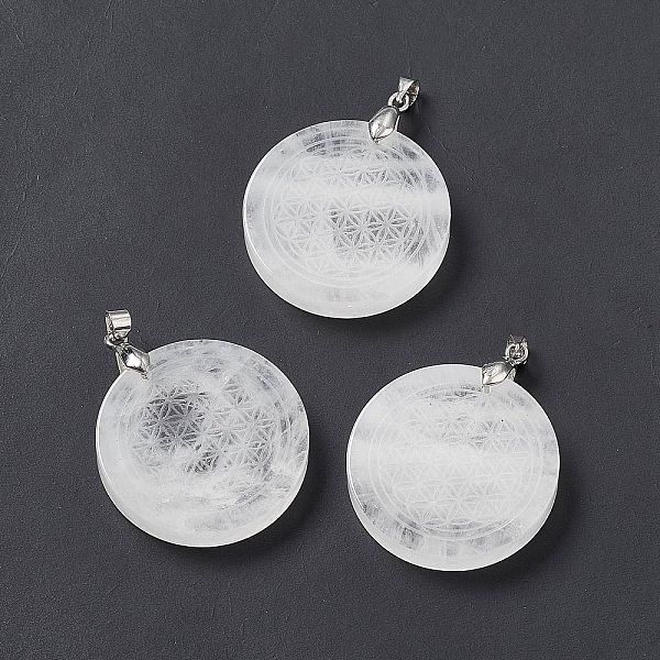 

PandaHall Natural Quartz Crystal Pendants, Rock Crystal Pendants, Flat Round Charms with Round Pattern, with Rack Plating Platinum Tone...