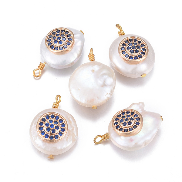 

PandaHall Natural Cultured Freshwater Pearl Pendants, with Brass Micro Pave Cubic Zirconia Findings, Nuggets with Flat Round, Golden, Dark..., Blue