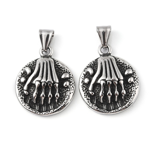

PandaHall 304 Stainless Steel Pendants, with 201 Stainless Steel Snap on Bails, Flat Round with Skull Charm, Antique Silver, 31.5x26x6mm...