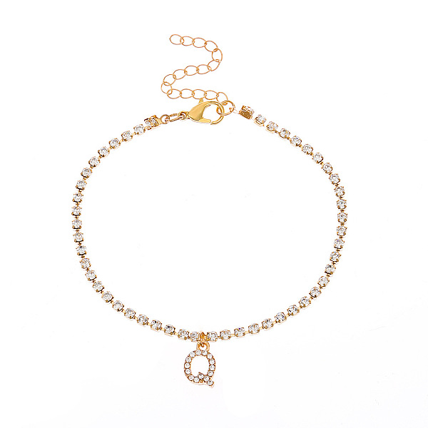 

PandaHall Fashionable and Creative Rhinestone Anklet Bracelets, English Letter Q Hip-hop Creative Beach Anklet for Women, Golden Alloy