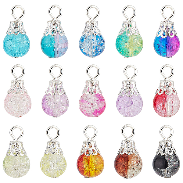 

PandaHall 225Pcs 15 Colors Spray Painted Crackle Glass Pendants, Round Charms with Silver Tone Iron Loops, Mixed Color, 15x8mm, Hole: 2.5mm..., Multicolor